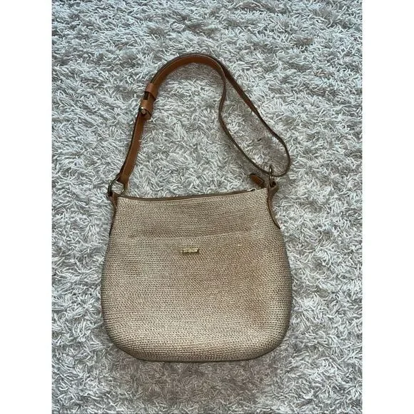 ERIC JAVIT Brown Beige Woven Straw Shoulder Crossbody Bag Leather Strap - Picture 1 of 12